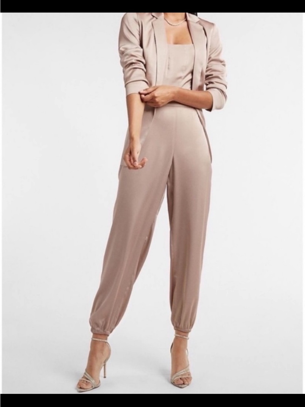Express suit set or separate. Champagne color. Satin Pull on Jogger and Blazer
